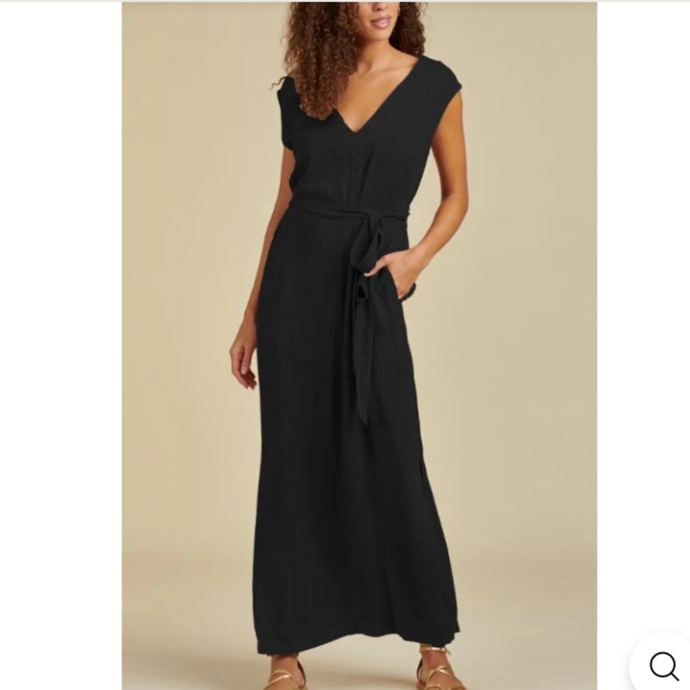 Splendid Evian Black Maxi Dress Cap Sleeves, Side Slits, Tie Waist size S